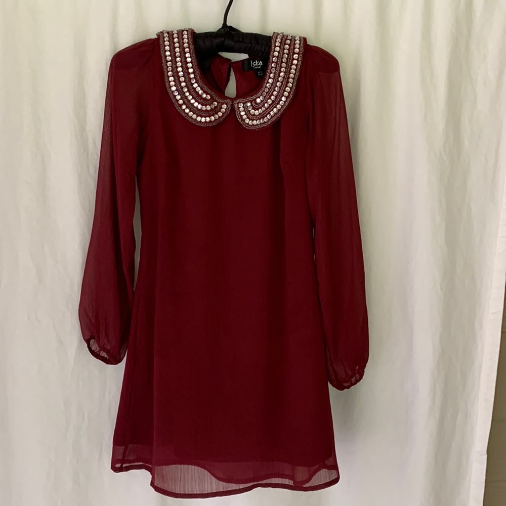 Iska London Dress Maroon Rhinestone Collar Long Sleeve US Sz 4 Small UK Small